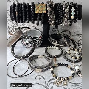 Black Beaded & Silver Accent Bracelet/Bangle Bundle